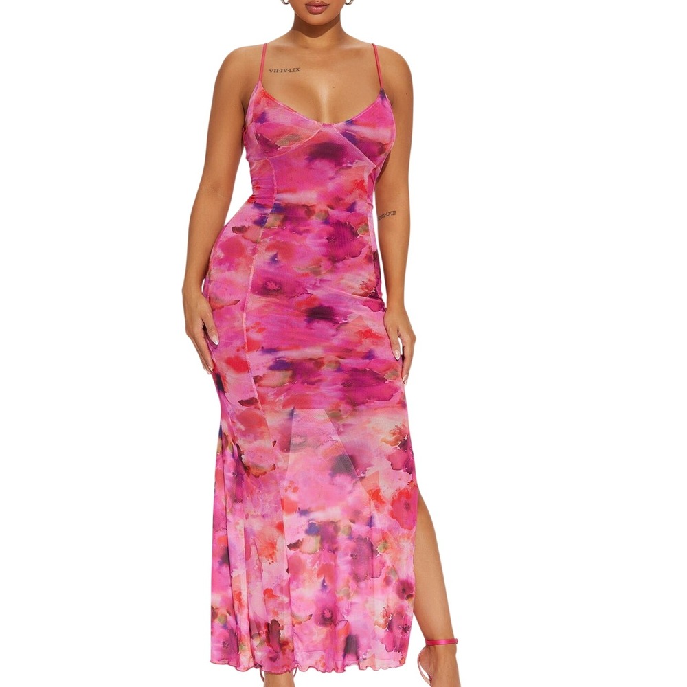 Fashion Nova Analise Floral Maxi Bodycon Full Length Slip Dress Pink XL Coquette